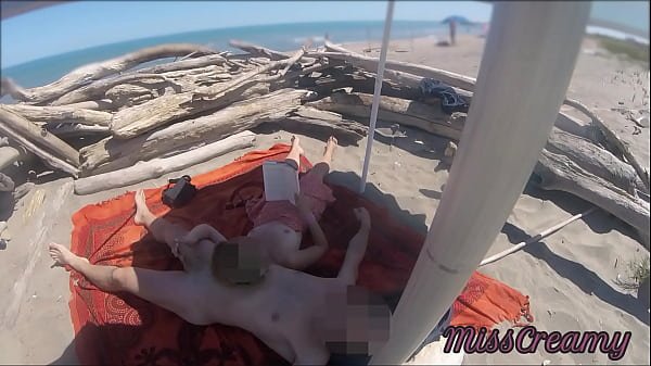 Voyeur watching us while my hot teacher masturbating and cumshot cock in nudist beach public – Risky Public Sex – Caught Handjob by stranger P1 – MissCreamy